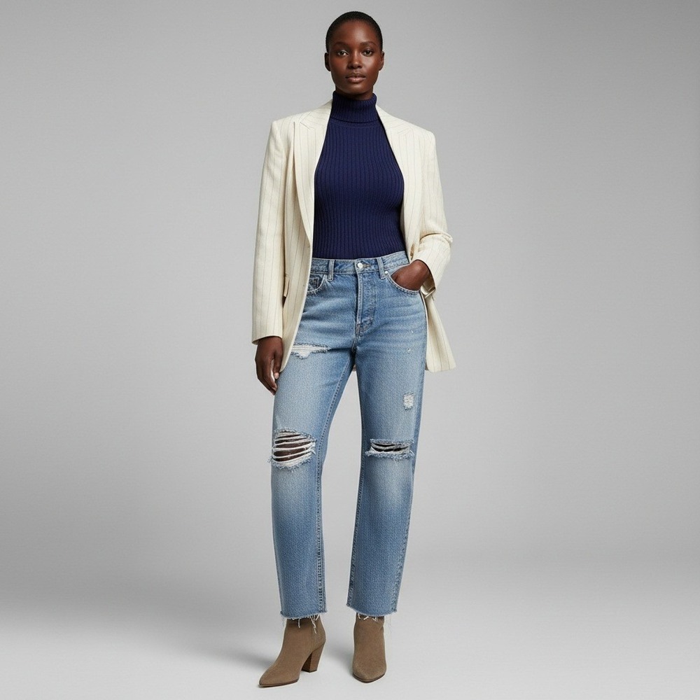RE/DONE Originals High Rise Stove Pipe Ripped Jeans Light Wash Distressed 26